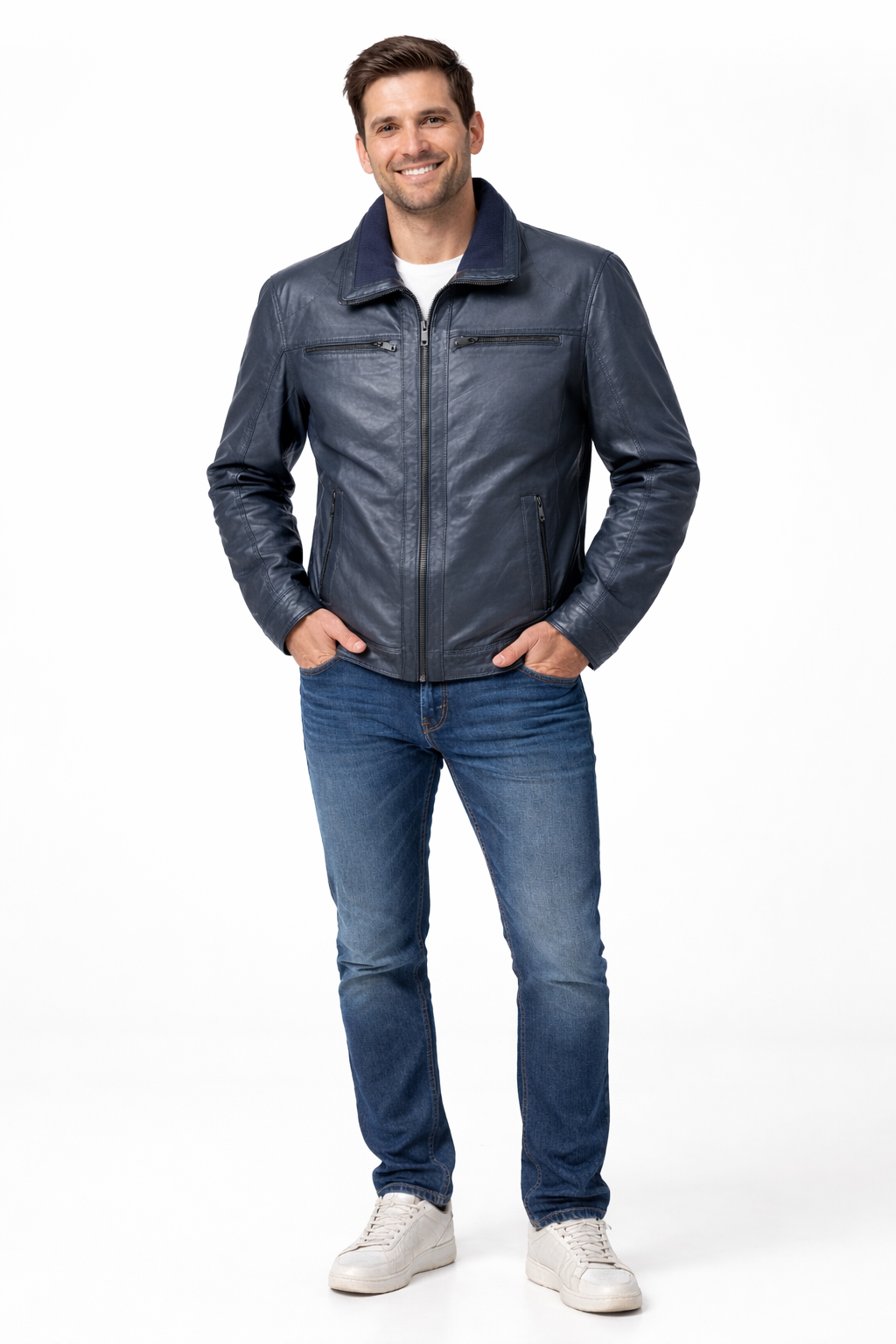 Veste en cuir veritable Navy à col et devanture détachable par Plongé