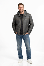 Veste en cuir veritable Antique à col détachable par Plongé