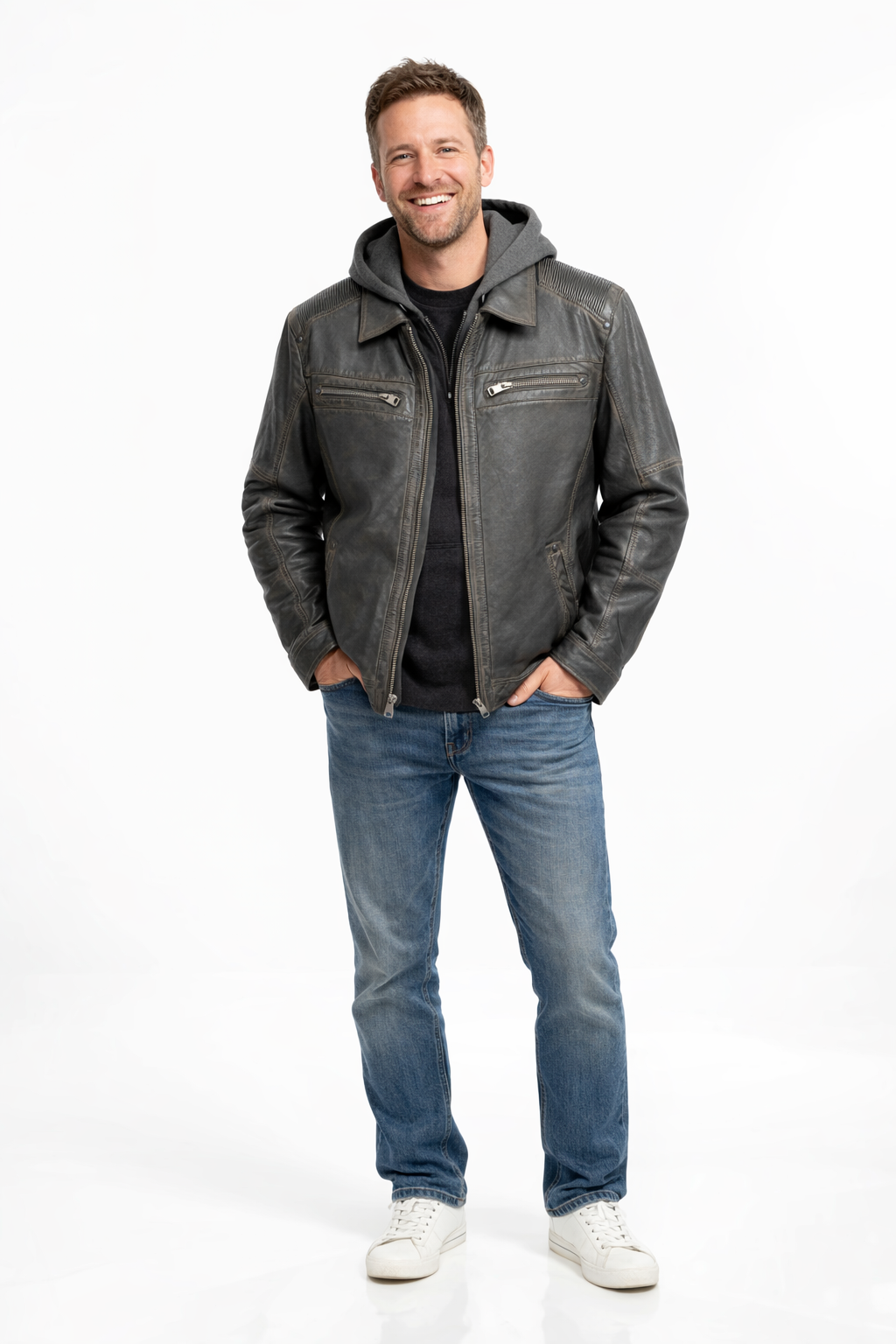 Veste en cuir veritable Antique à col détachable par Plongé