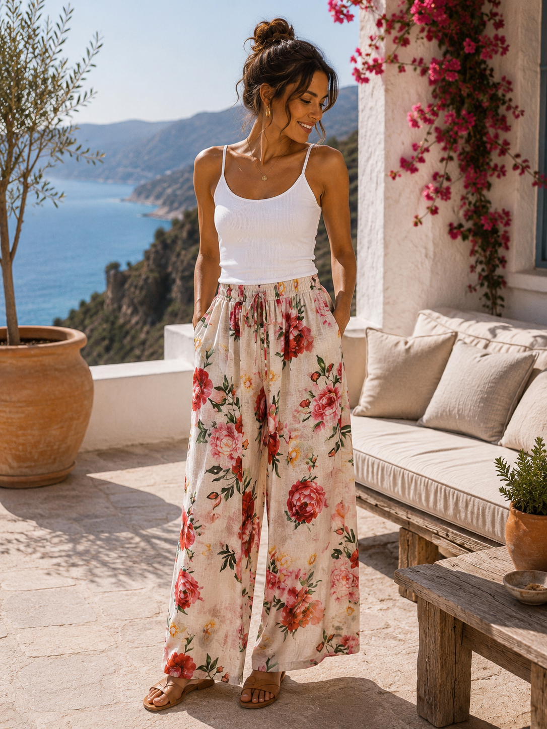 Pantalon complètement lin Jardin de Roses par Eternelle