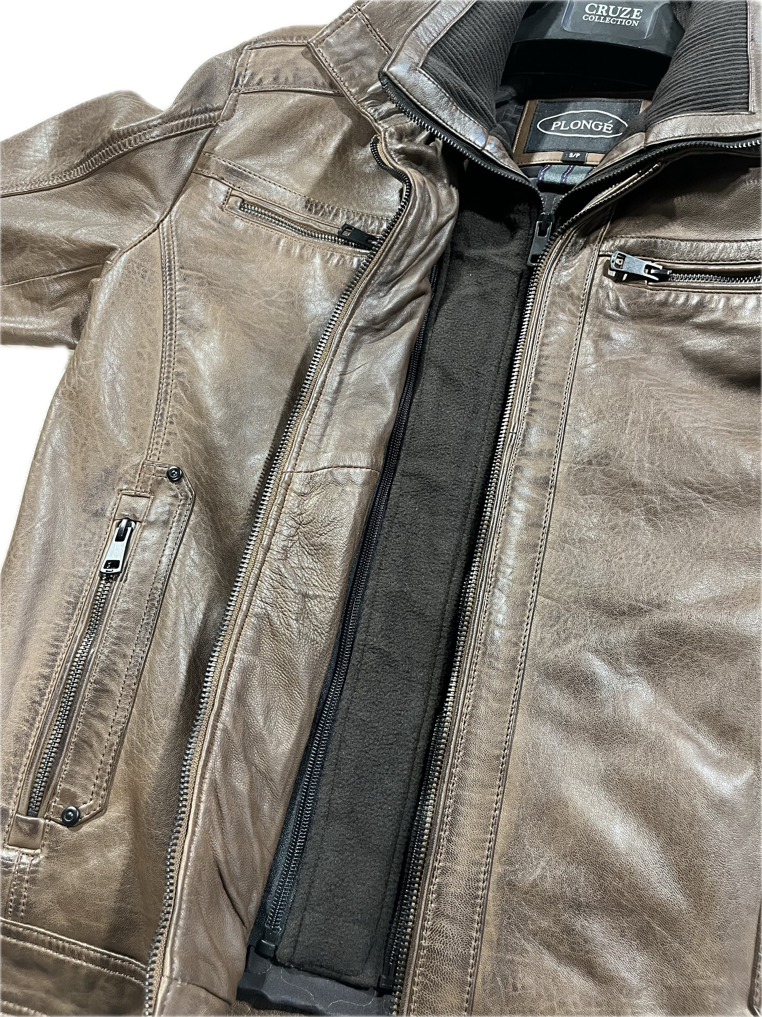 Veste en cuir veritable Distress Brown à double collet détachable par Plongé