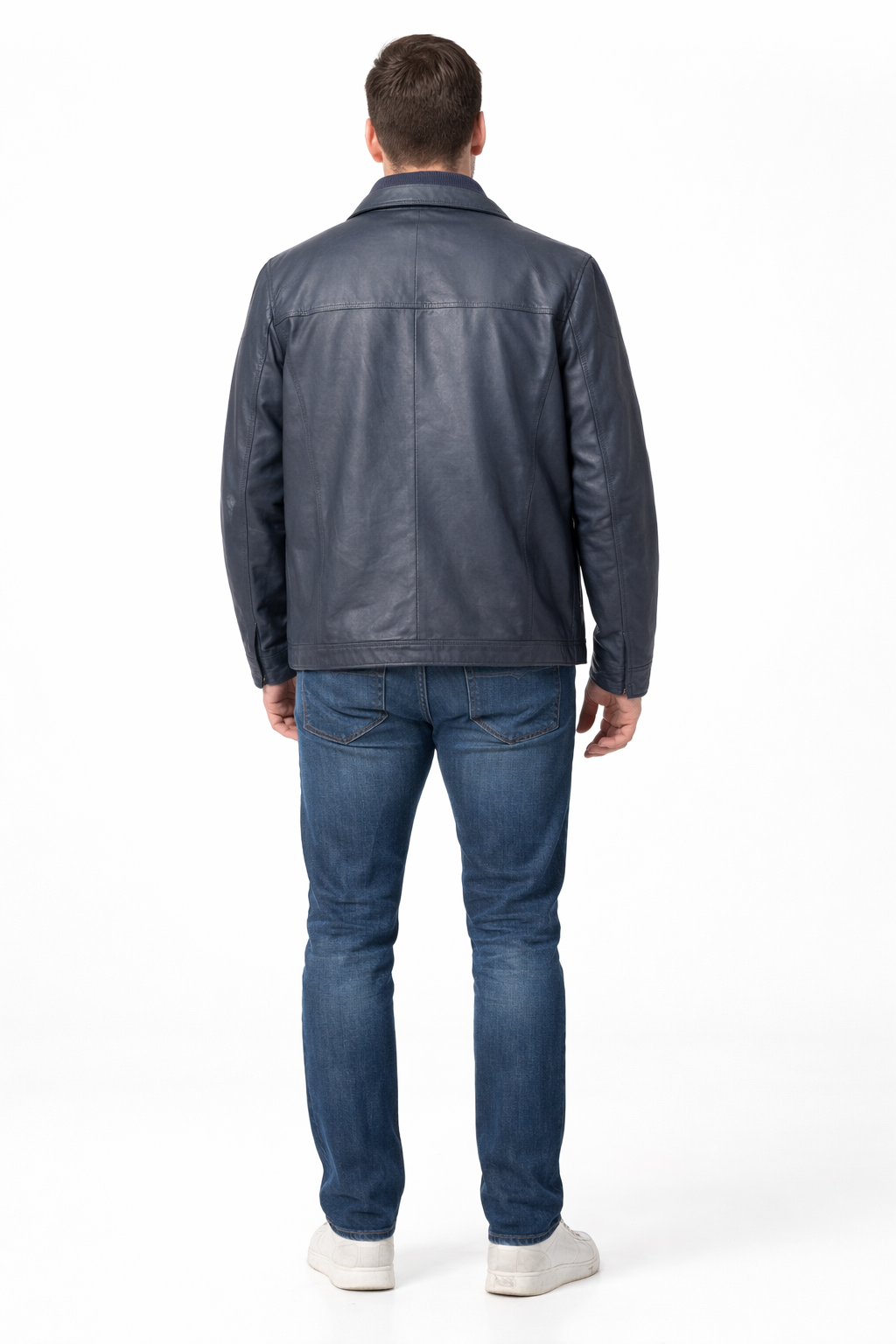 Veste en cuir veritable Navy à col et devanture détachable par Plongé