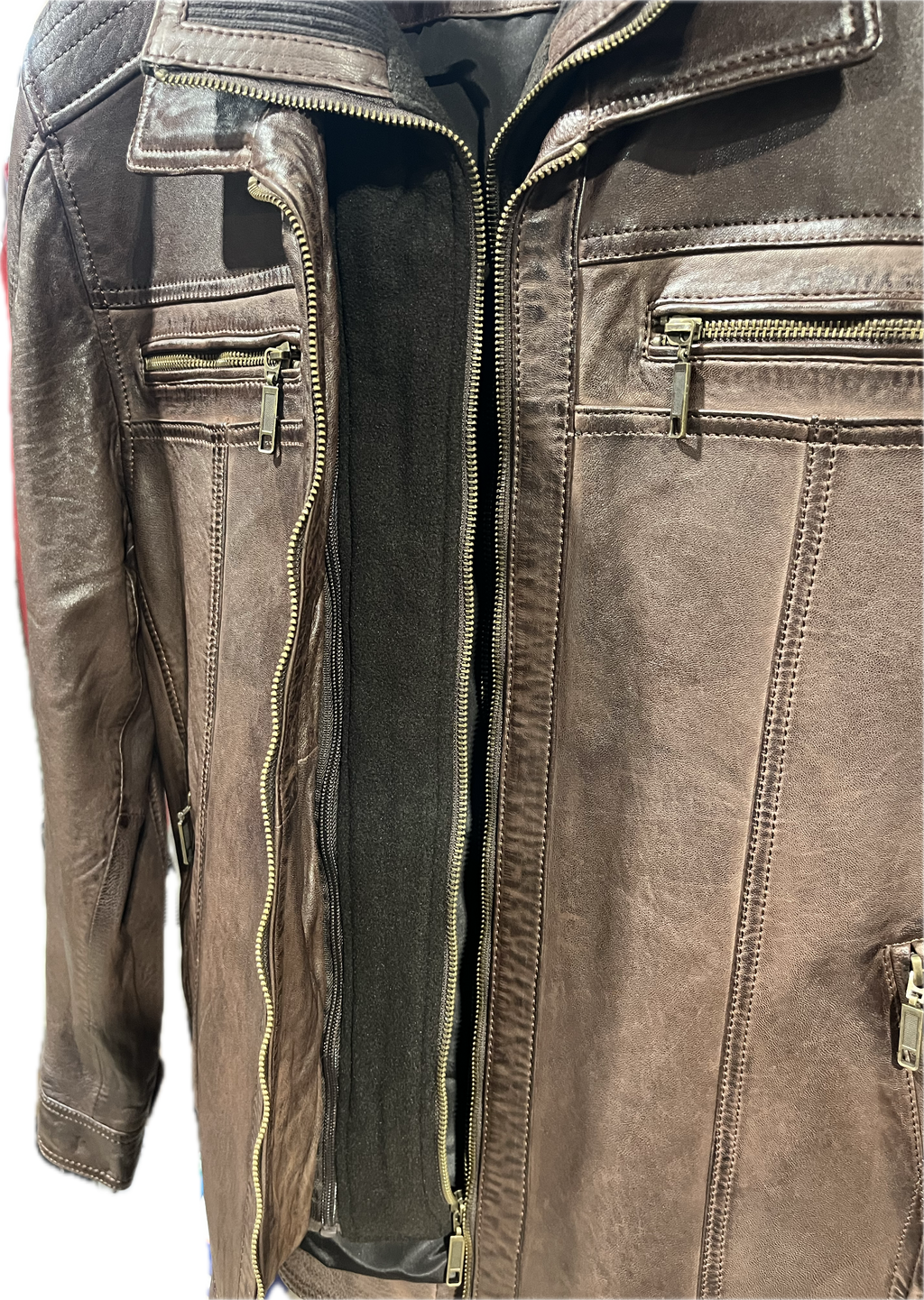 Veste en cuir veritable Merlot à double collet détachable par Plongé