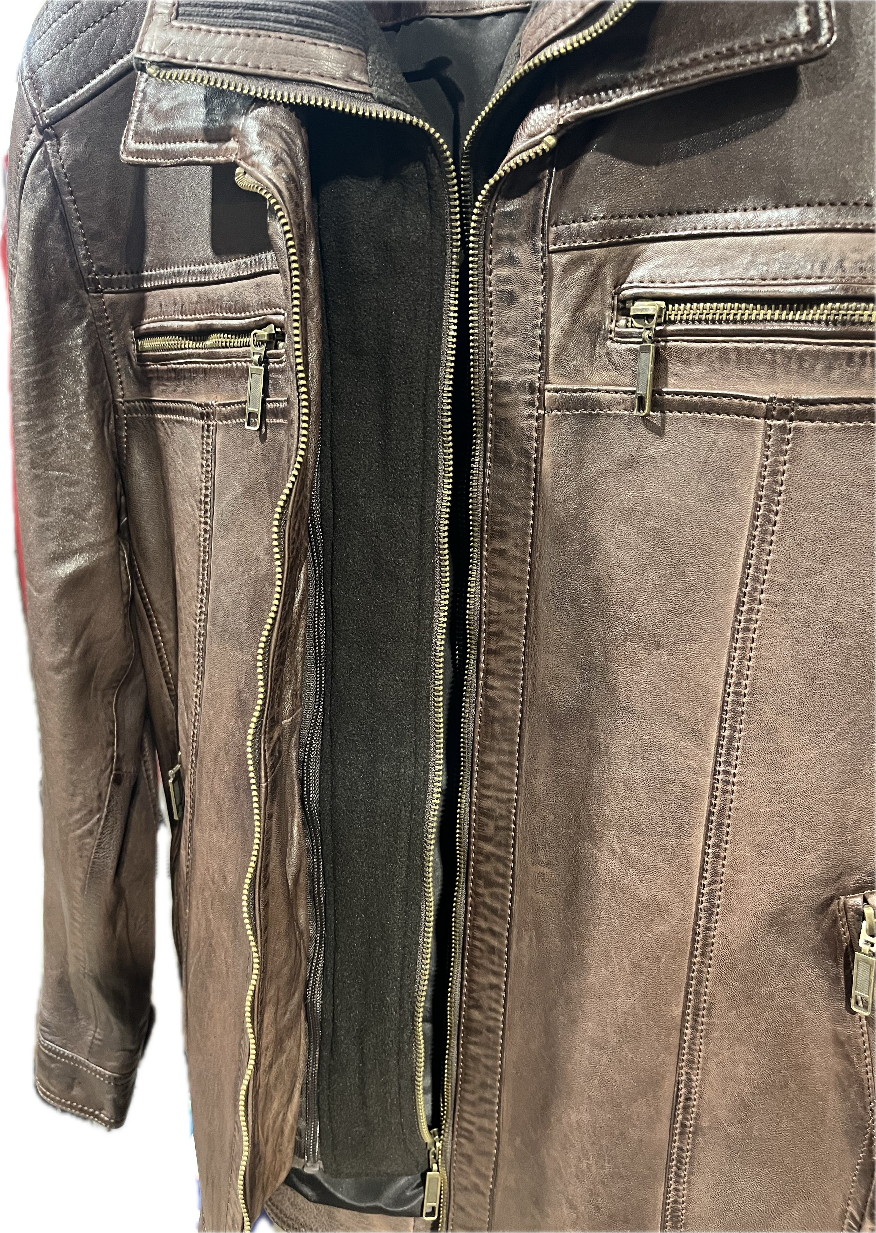 Veste en cuir veritable Merlot à double collet détachable par Plongé