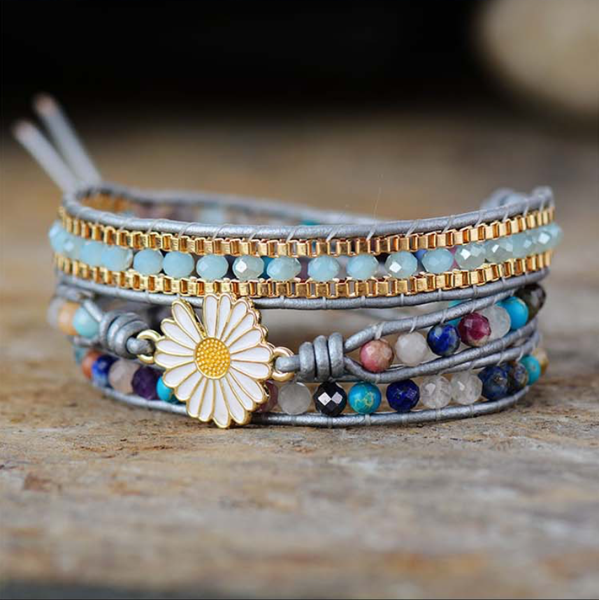 Handmade Blue Purple Gemstone Wrap Bracelet With White Daisy