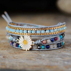 Handmade Blue Purple Gemstone Wrap Bracelet With White Daisy