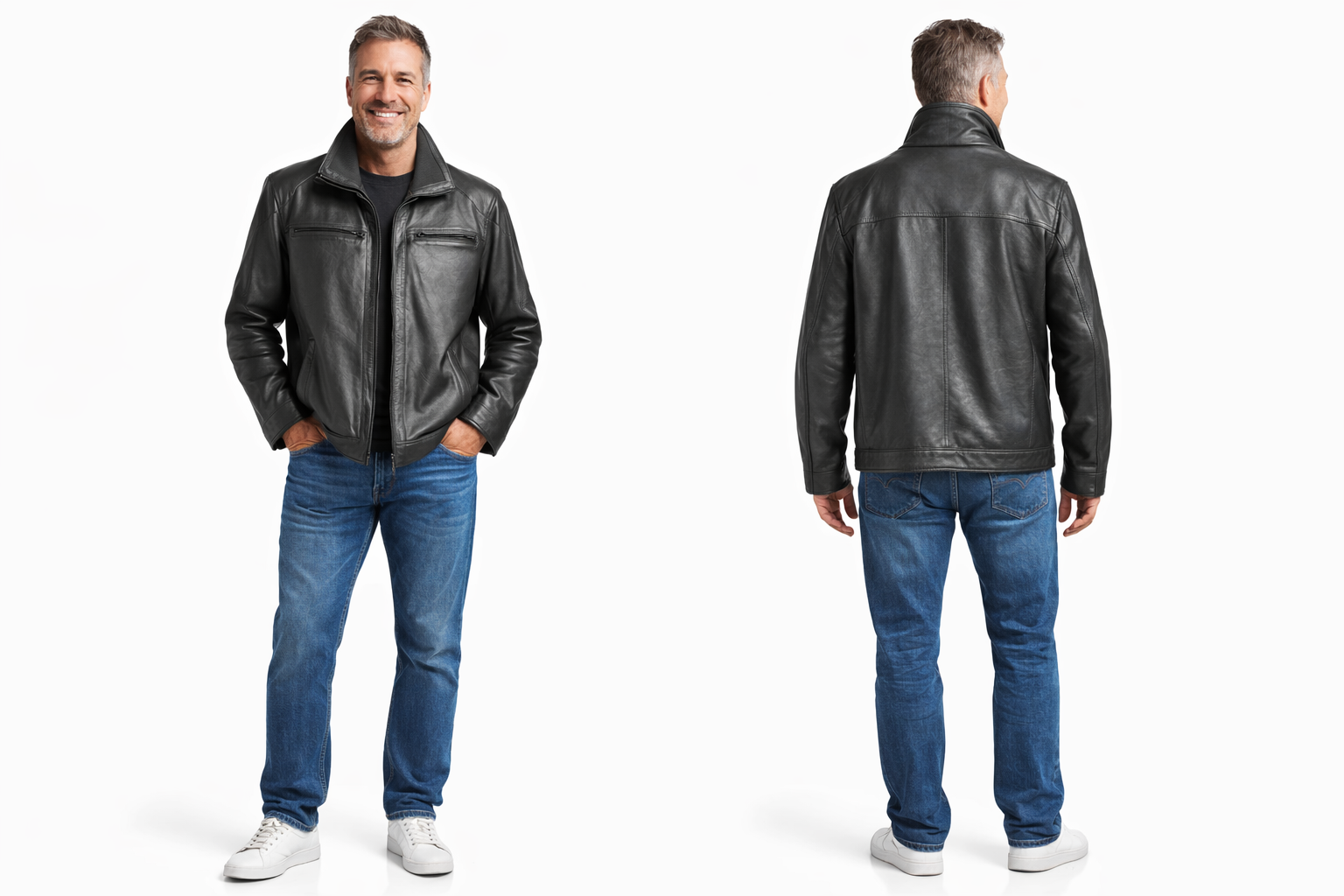 Veste en cuir veritable col détachable Noir par Plongé