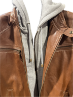 Veste en cuir veritable Dark Whiskey à capuchon détachable par Plongé