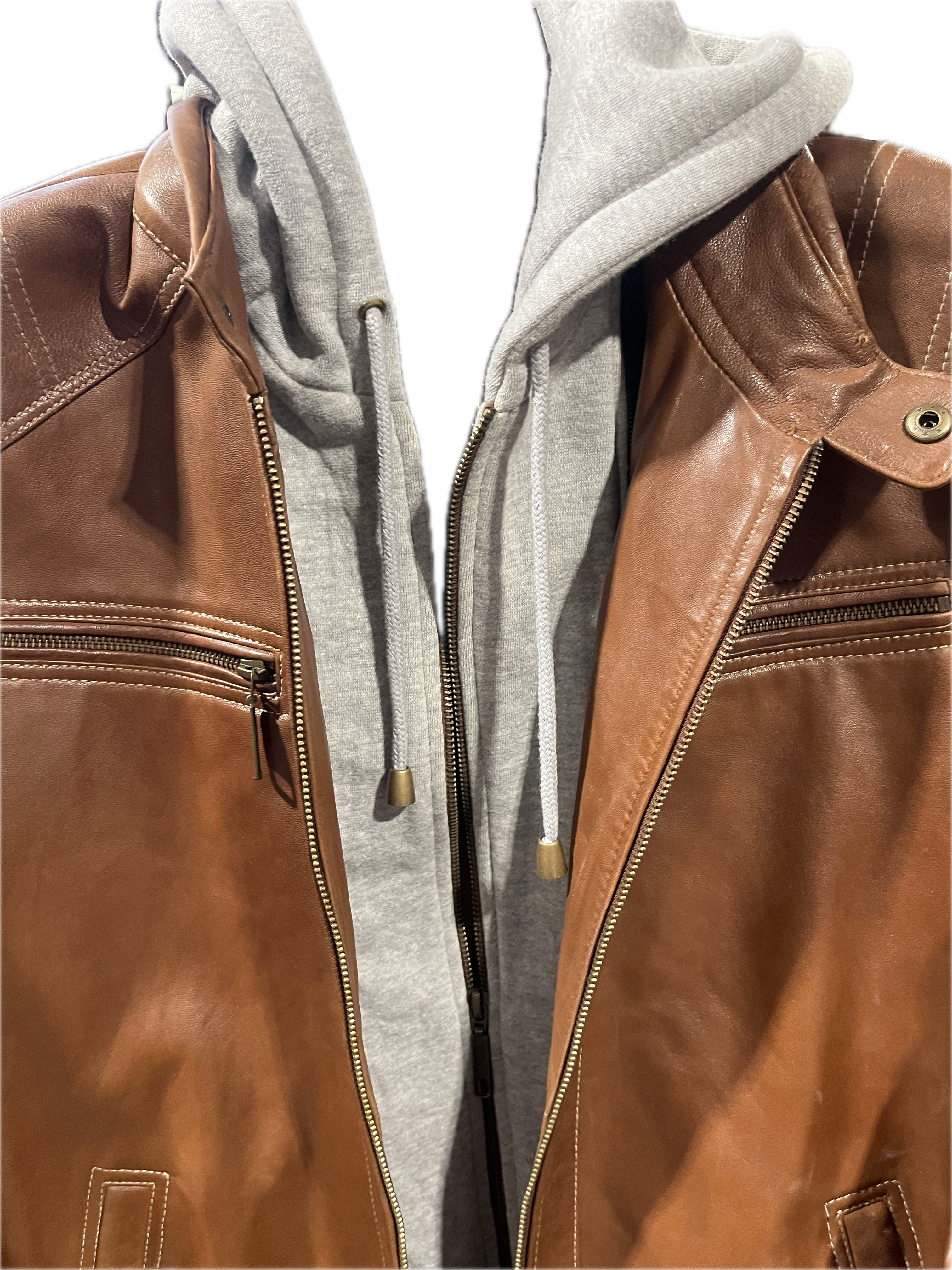 Veste en cuir veritable Dark Whiskey à capuchon détachable par Plongé