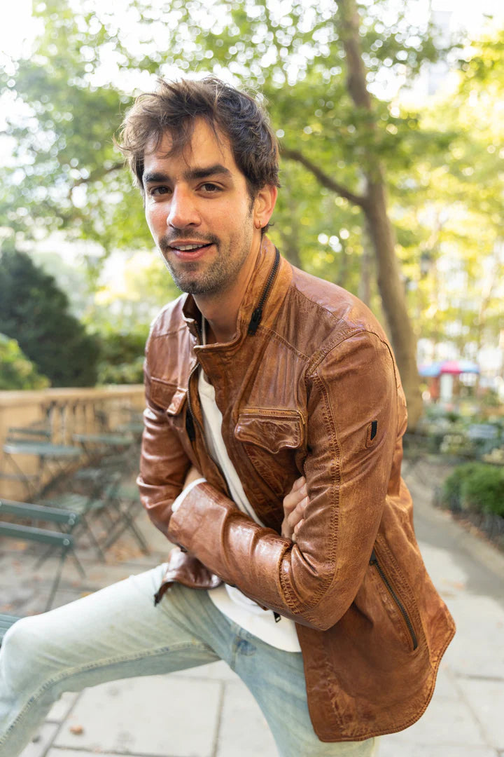 MANTEAU CUIR HOMME - COVE - Cognac