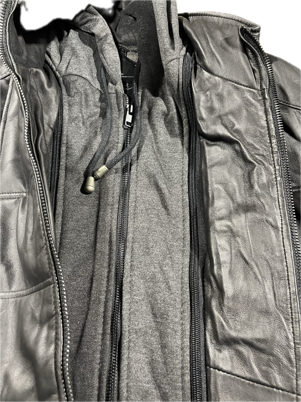 Veste en cuir veritable Noir à capuchon détachable par Plongé