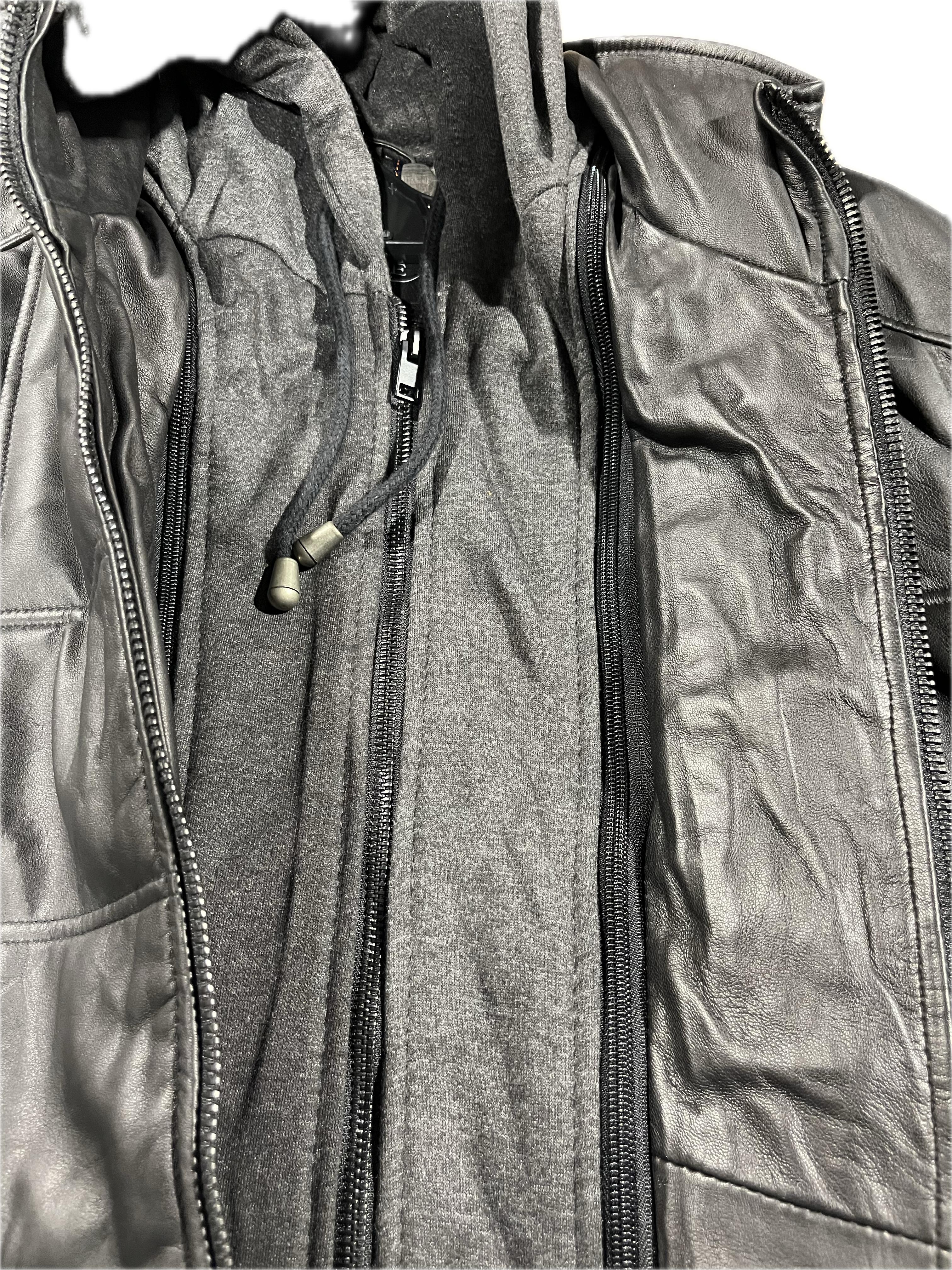 Veste en cuir veritable Noir à capuchon détachable par Plongé