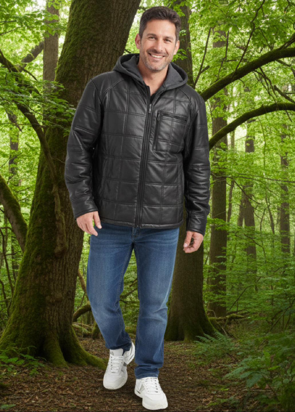 Veste en cuir veritable Noir à capuchon détachable par Plongé