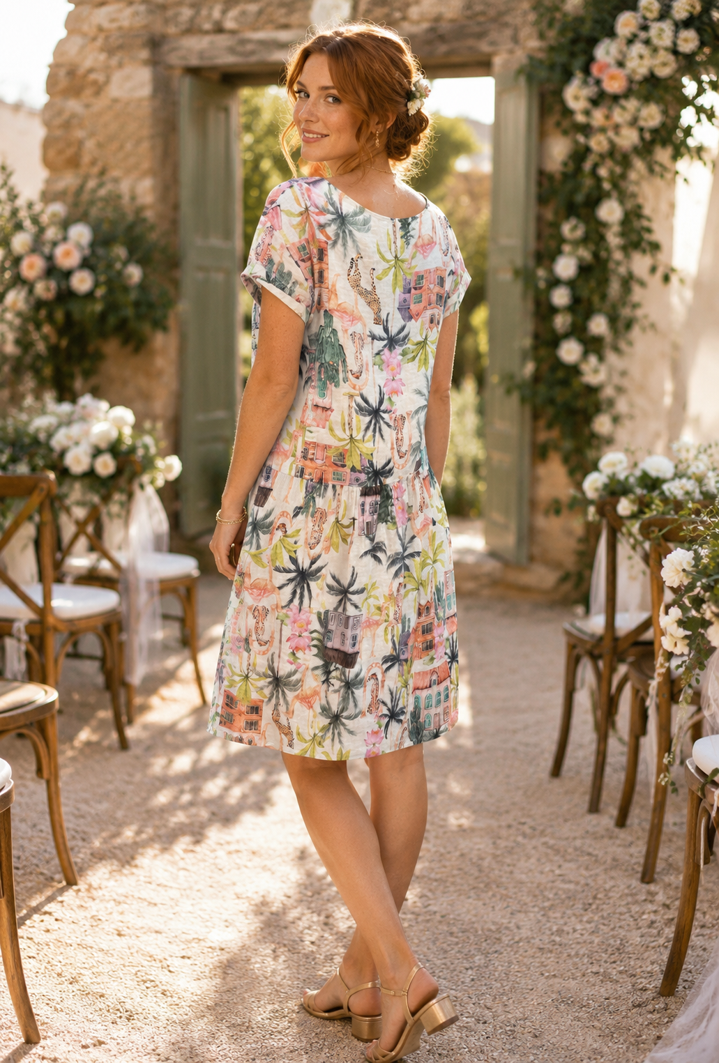 Robe complètement lin motif tropical par Éternelle