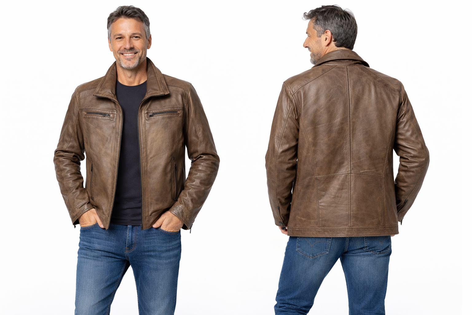 Veste en cuir veritable Distress Brown à double collet détachable par Plongé