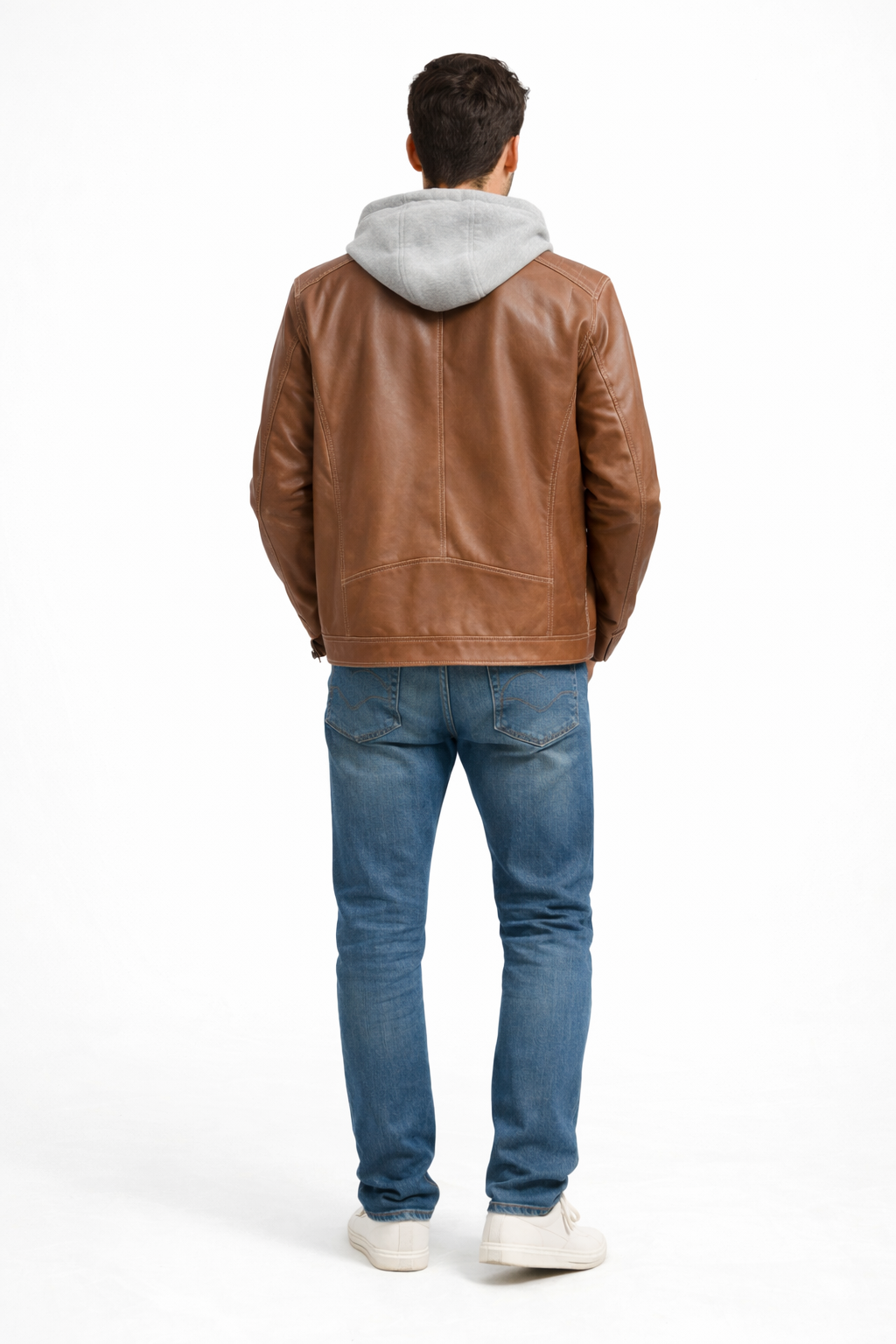 Veste en cuir veritable Dark Whiskey à capuchon détachable par Plongé