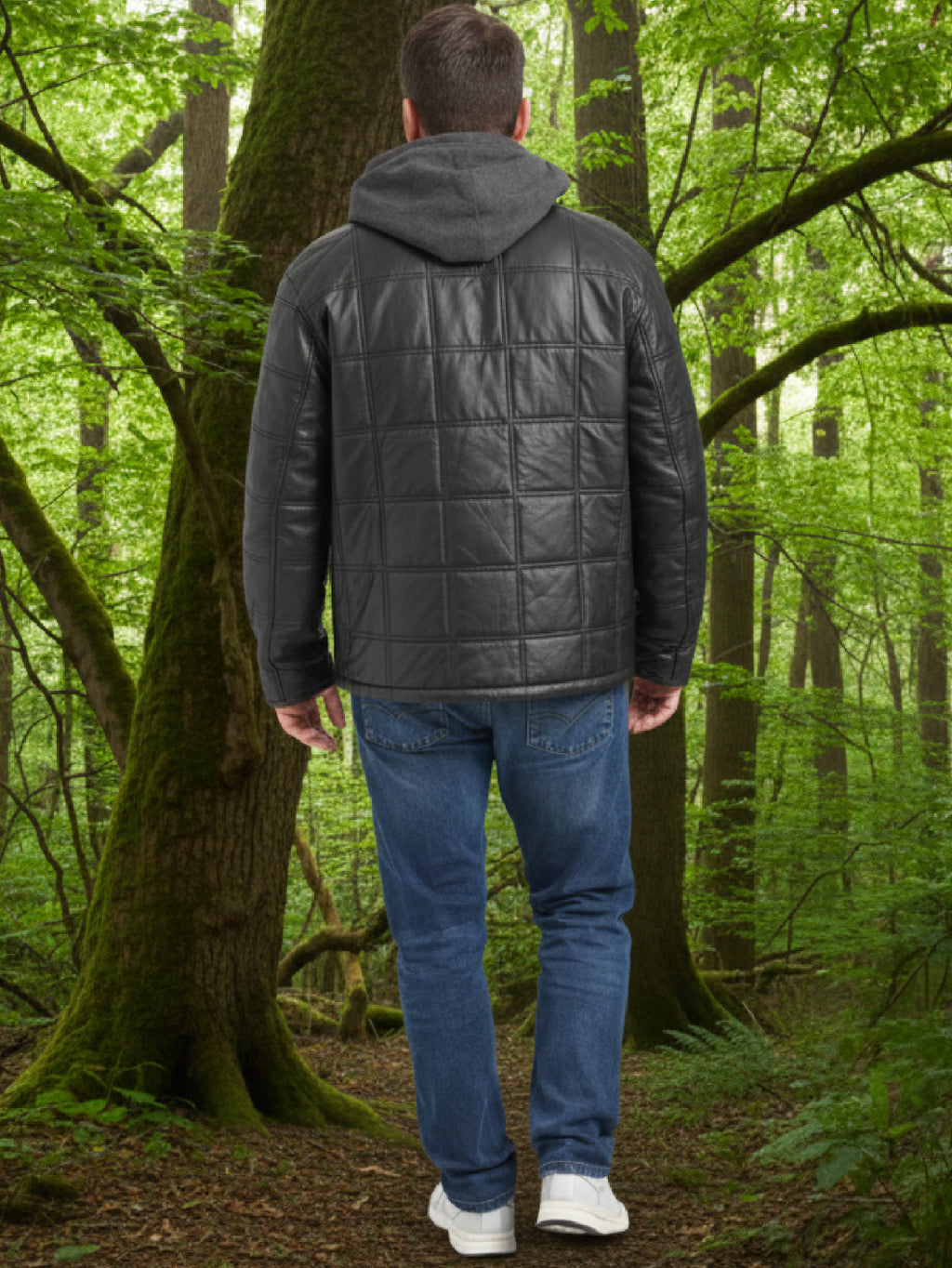 Veste en cuir veritable Noir à capuchon détachable par Plongé