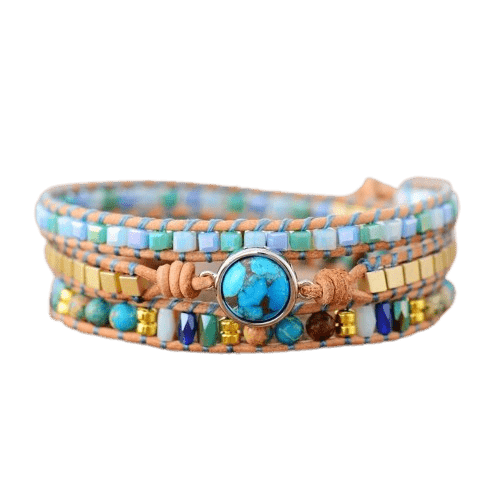 Blue Gold Turquoise Gemstone Beaded Wrap Bracelet - La Braderie de Mode Québécoise en Ligne