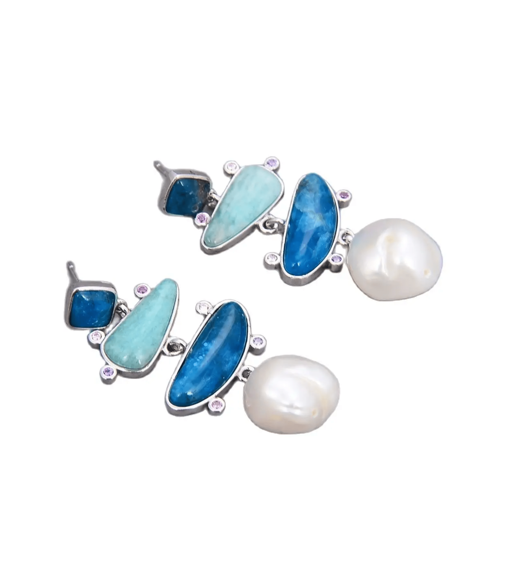 Blue Green Apatite & Amazonite Geometric Drop Earrings with Freshwater Pearl - La Braderie de Mode Québécoise en Ligne