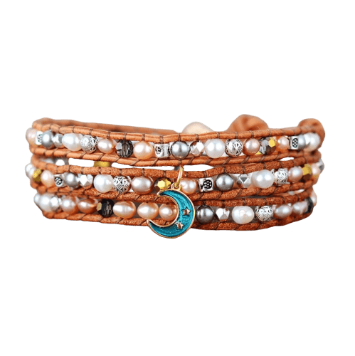 Cultured Pearl Leather Wrap Bracelet With Blue Moon - La Braderie de Mode Québécoise en Ligne