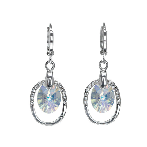 Aurora Borealis Silvertone Oval Drop Earrings with Swarovski Crystals