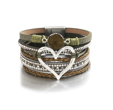 Silvertone Layered Leather and Crystal Cuff Bracelet in Olive