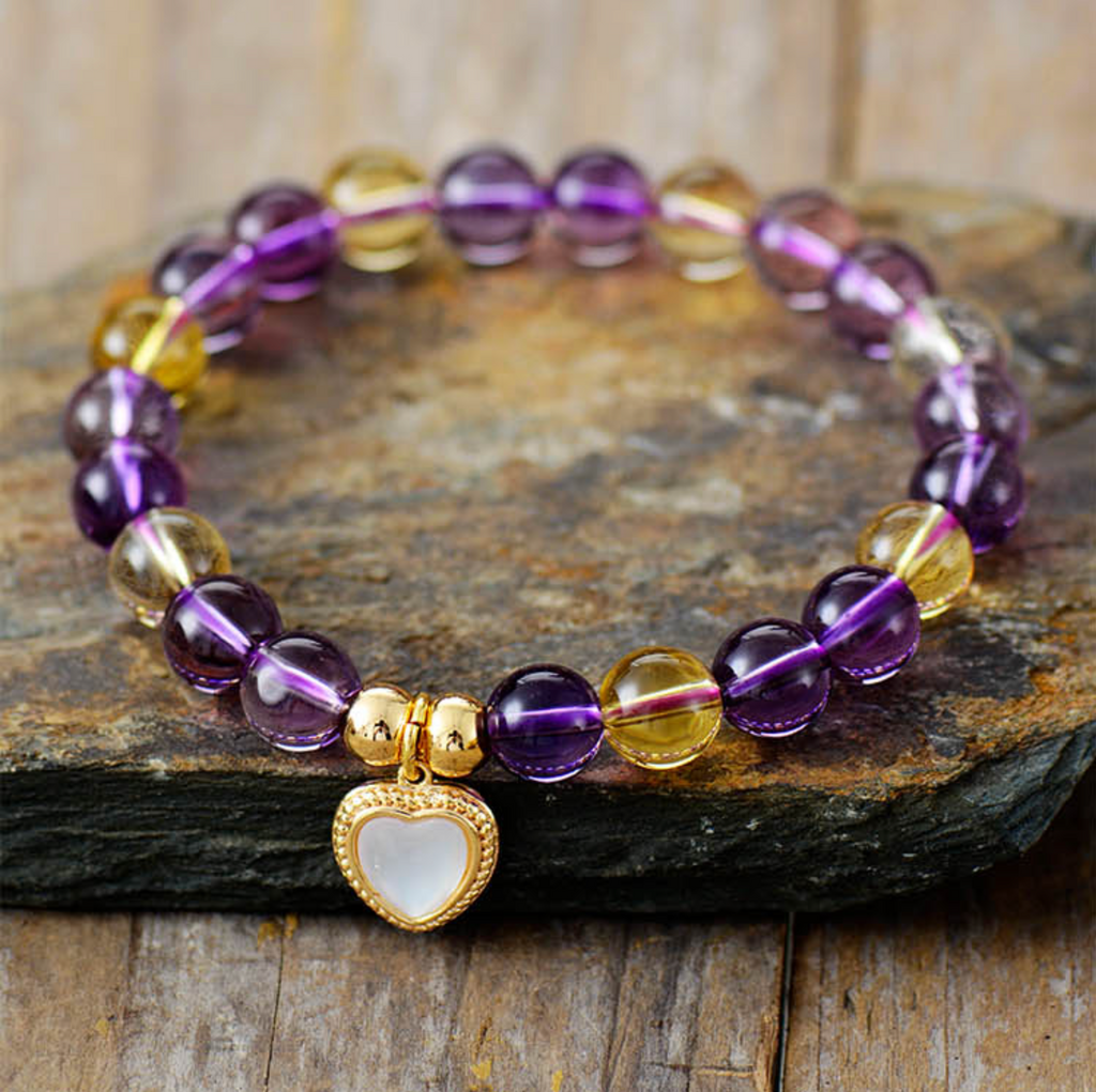 Citrine & Amethyst Heart Beaded Stretch Bracelet