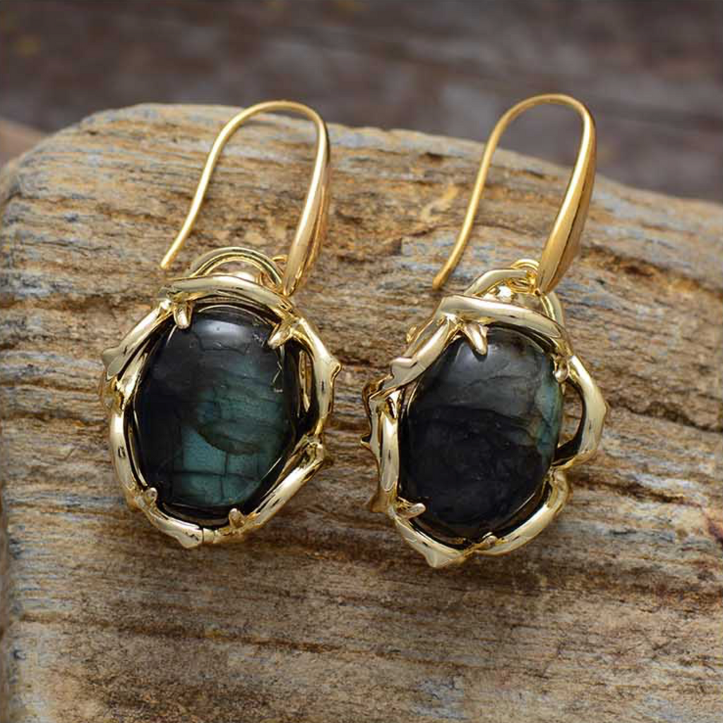 Brown Labradorite & Goldtone Framed Drop Earrings