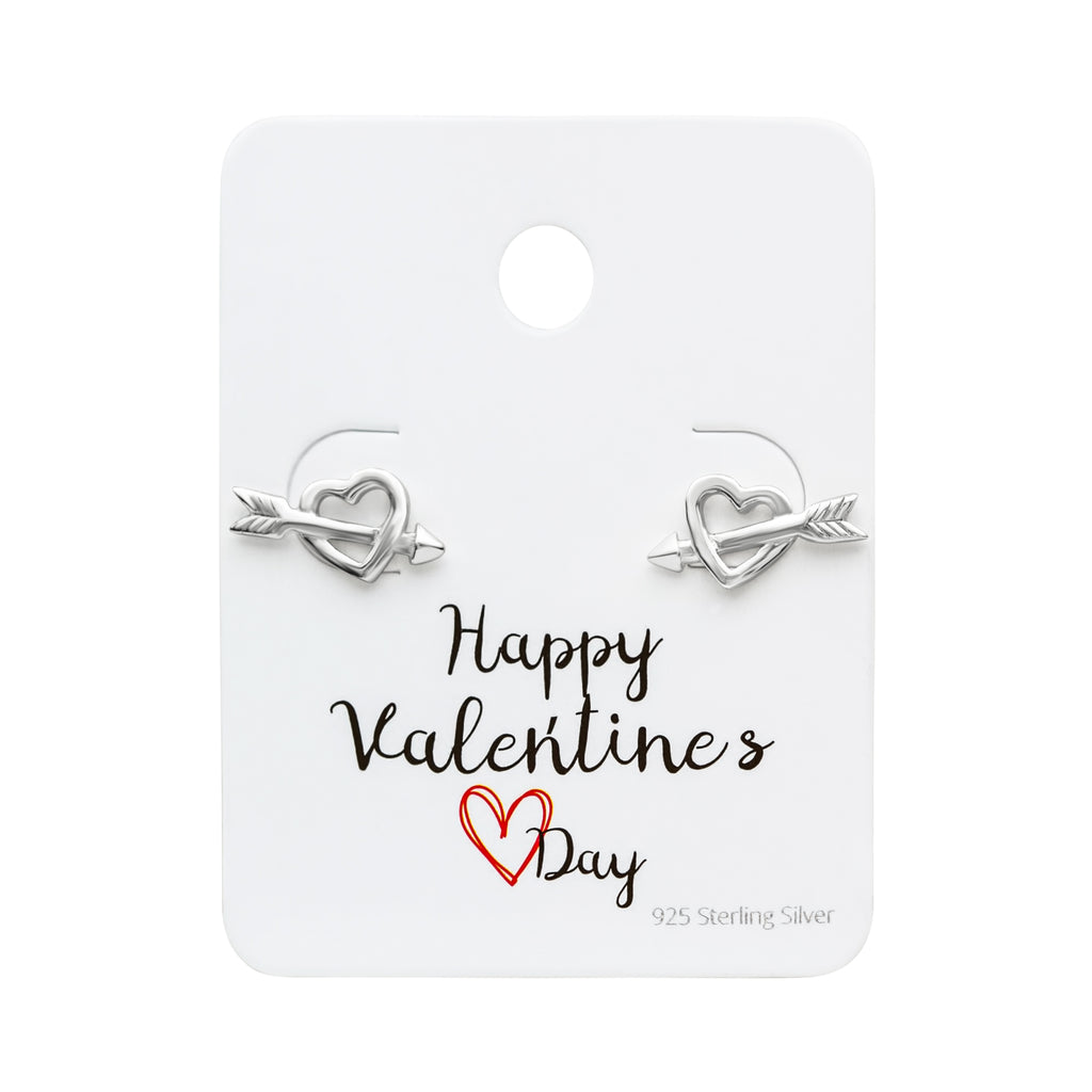 Sterling Silver Heart with Cupids Arrow Studs on Valentines Day Card