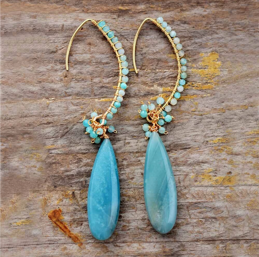 Amazonite & Goldtone Long Teardrop Earrings