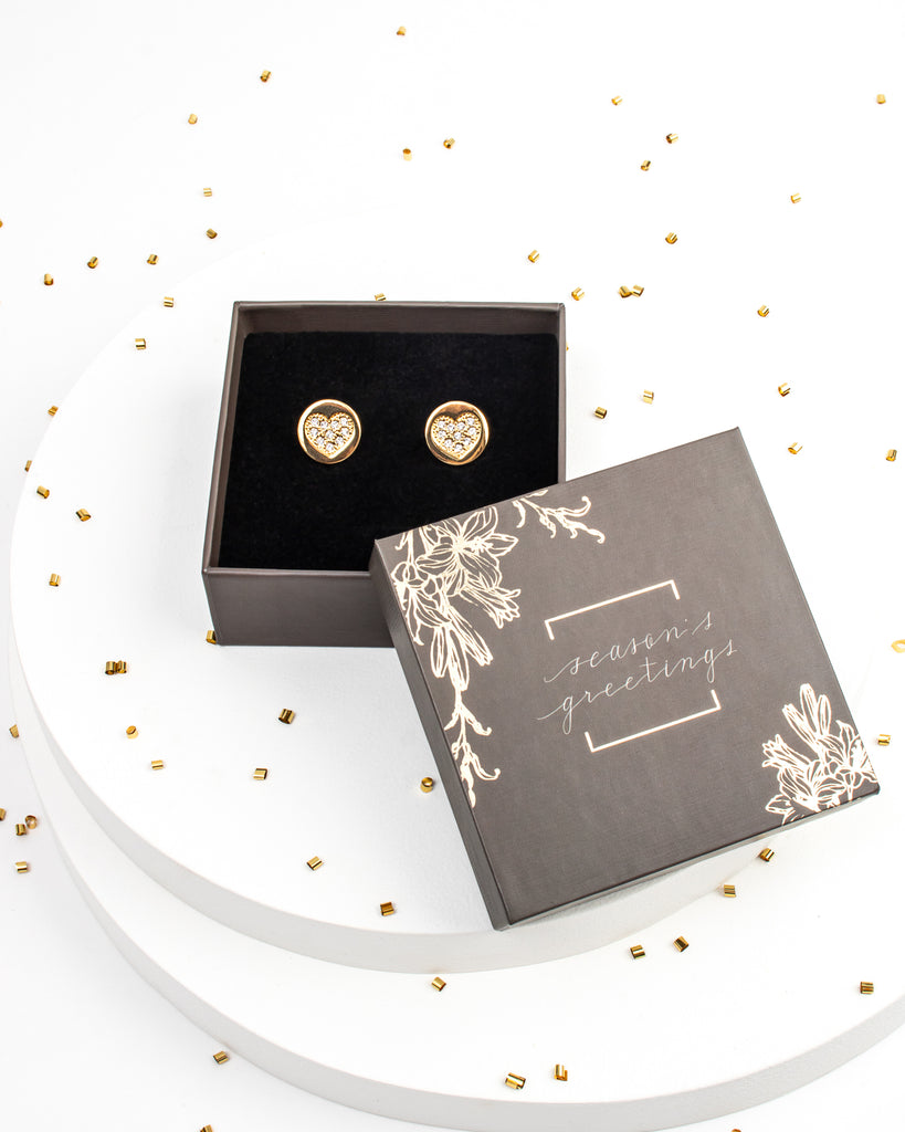 Holiday Gift Box with Goldtone Heart Pave Swarovski Crystal Stud Earrings