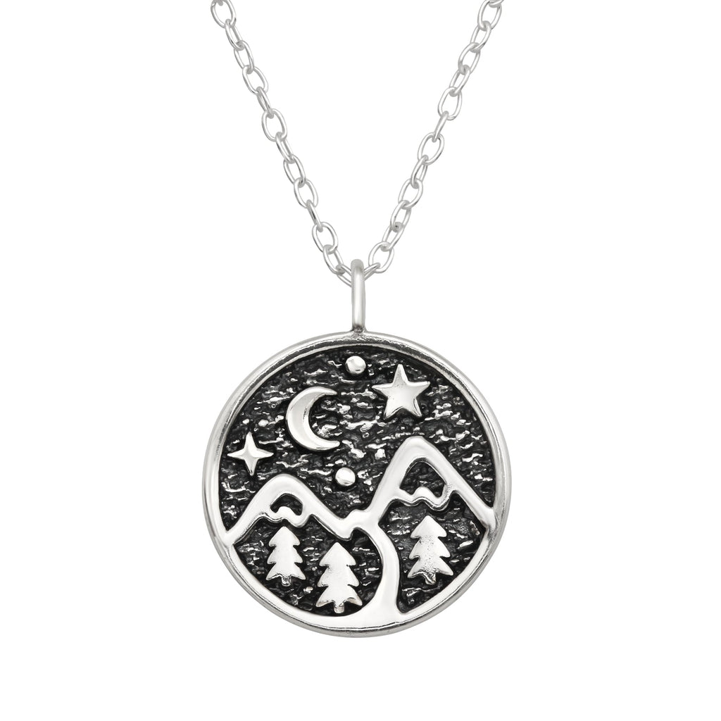 Sterling Silver Oxidized Moon Mountain Round Pendant Necklace - Ag Sterling