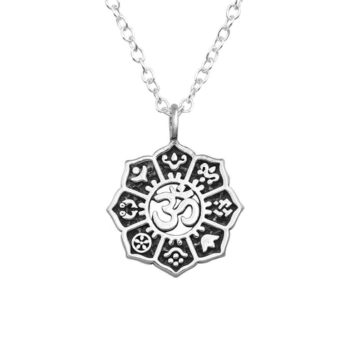 Sterling Silver Oxidized Zodiac Ohm Lotus Pendant Necklace - Ag Sterling