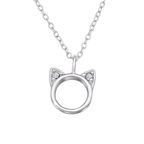 Sterling Silver Dainty Openwork Circle Cat Pendant Necklace With Cubic Zirconia - Ag Sterling