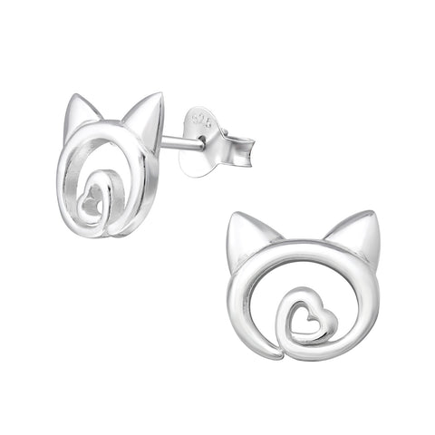 Sterling Silver Cat Heart Stud Earrings