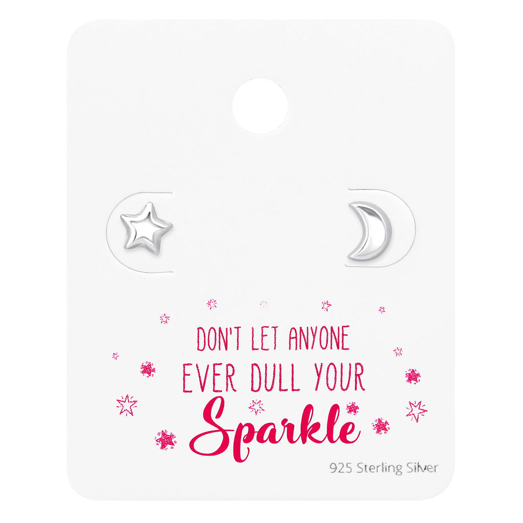 Sterling Silver Moon   Star Stud Earrings on Sparkle Card