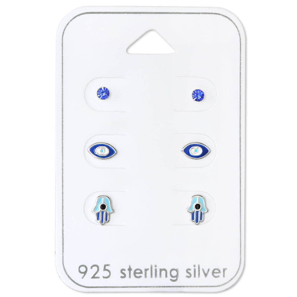 Sterling Silver Blue Hamsa, Stud   Eye Stud Earring Set