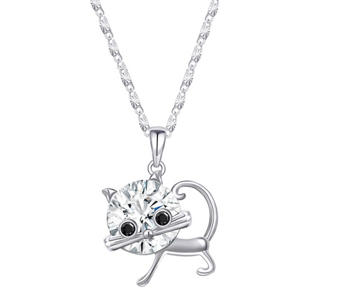 Silvertone   Clear Swarovski Crystal Cat Pendant Necklace