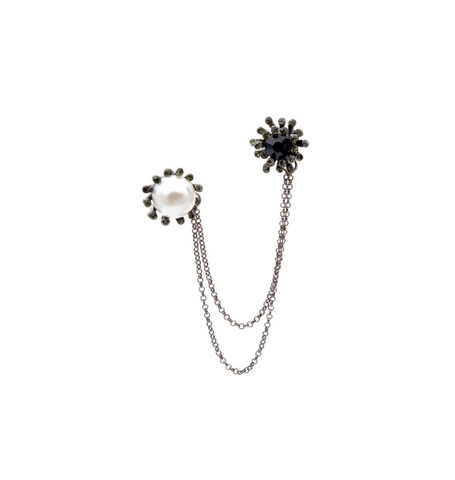 Imitation Pearl & Black Floral Chain Brooch