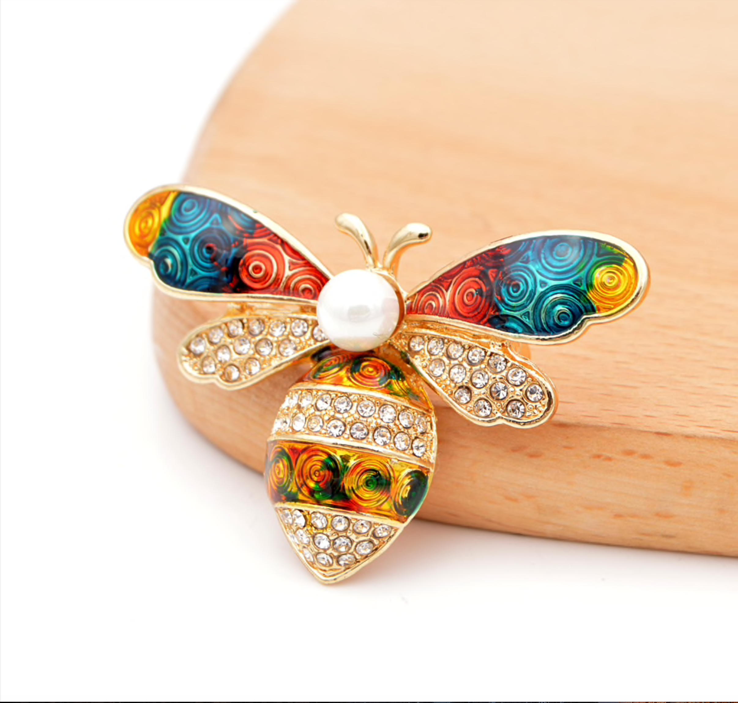 Multi Colored Swirled Crystal Bee Brooch with Imitation Pearl