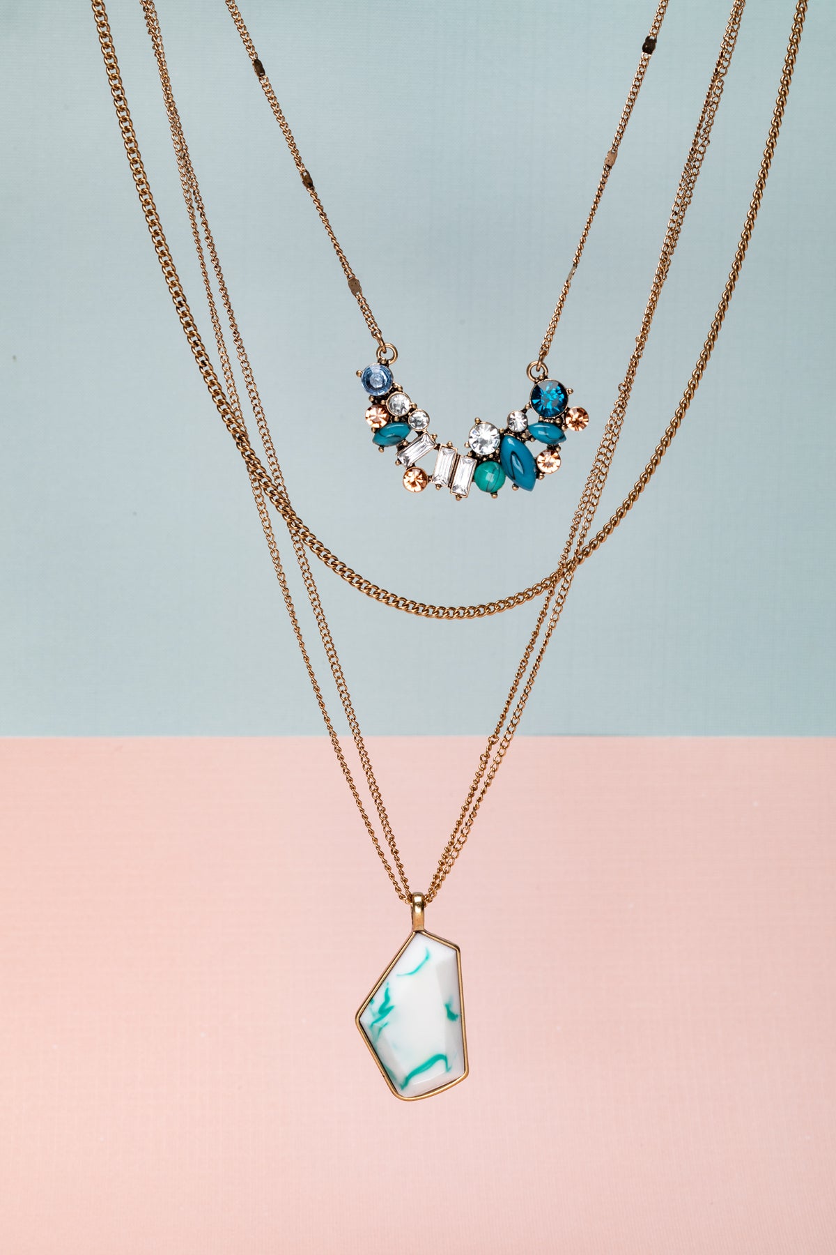 Goldtone Layered Necklace with Blue Crystal Clusters & White Geometric Pendant - Don't Ask