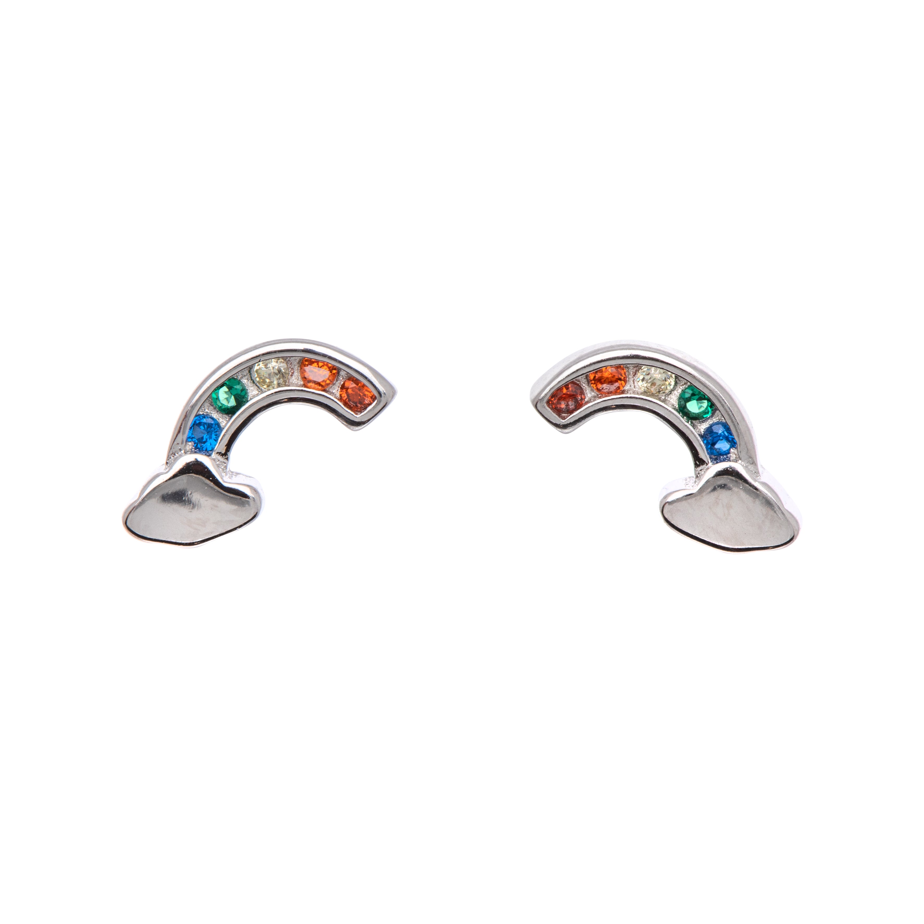 Sterling Silver   Multi Colored CZ Rainbow Stud Earrings