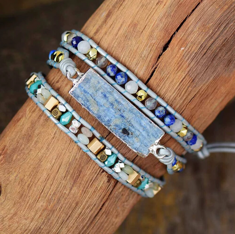Natural Aquamarine Rectangular Stone Leather Beaded Wrap Bracelet