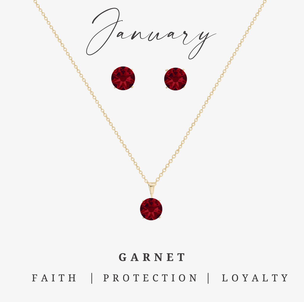 Goldtone January Garnet Birthstone CZ Earring & Necklace Set