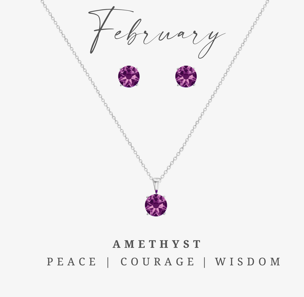 Silvertone February Amethyst Birthstone CZ Earring & Necklace Set