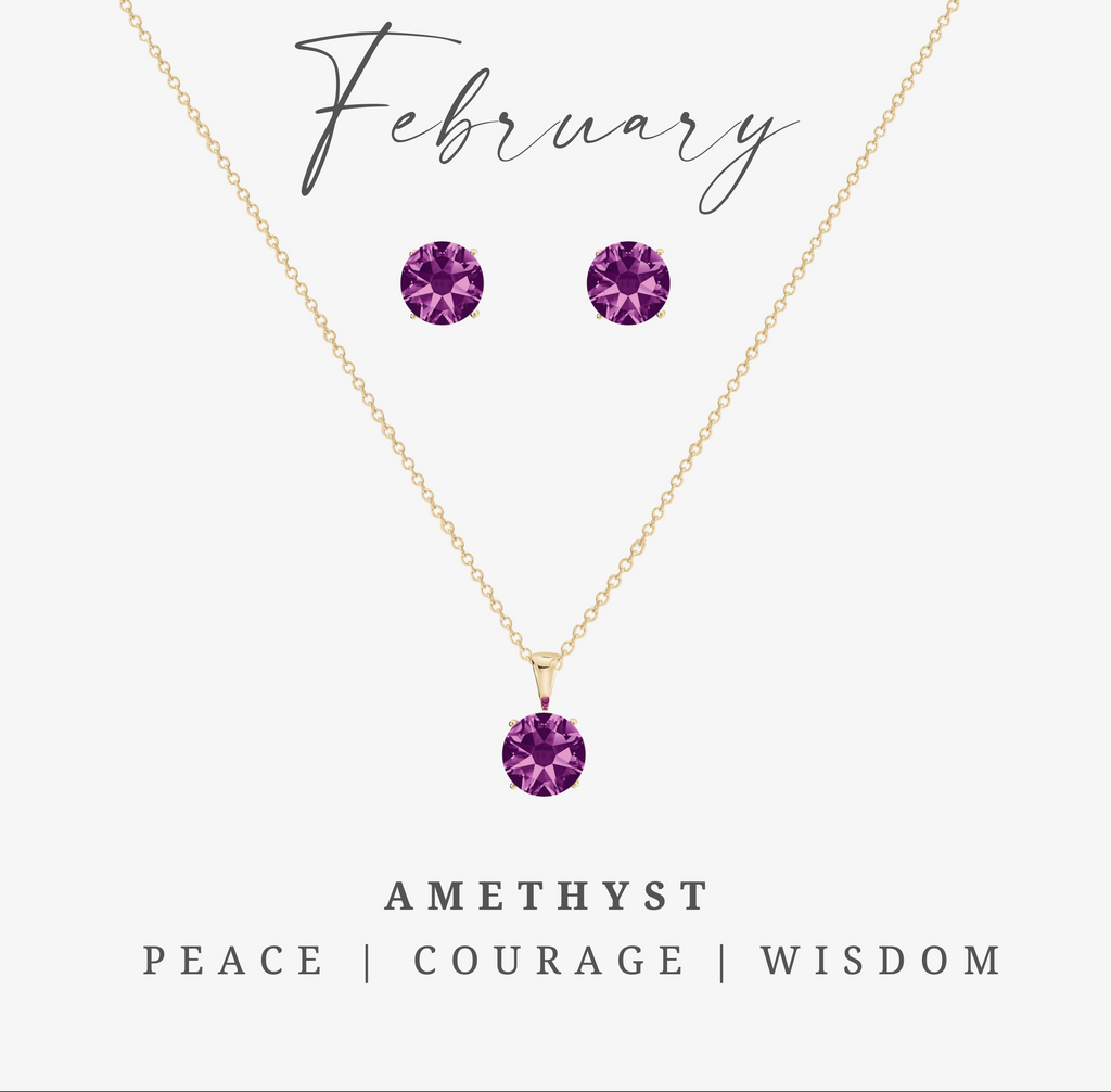 Goldtone February Amethyst Birthstone CZ Earring & Necklace Set
