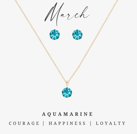 Goldtone March Aquamarine Birthstone CZ Earring & Necklace Set