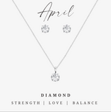 Silvertone April Diamond Birthstone CZ Earring & Necklace Set