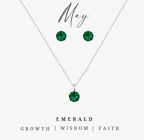 Silvertone May Emerald Birthstone CZ Earring & Necklace Set