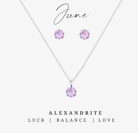 Silvertone June Alexandrite Birthstone CZ Earring & Necklace Set